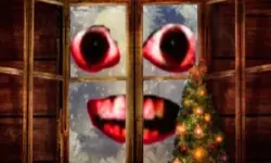 New Year Santa Claus outside the window